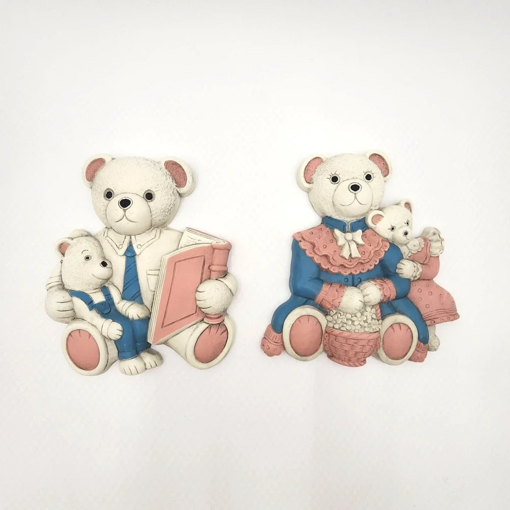 Vintage HOMCO Teddy Bear Family Storytime Wall Plaque 2 Pieces Wall Plaque 7604